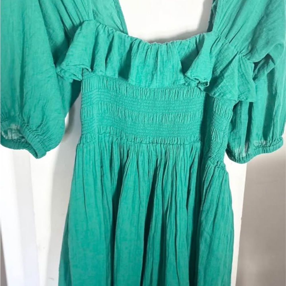 Free People Teal Off-Shoulder Smocked Midi Dress with Side Slit - Picture 3 of 4